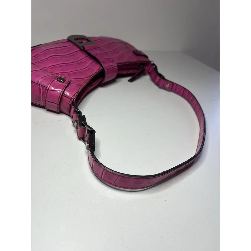 🎀Vintage GUESS Y2K Hot Pink Purse Crocodile Shoulder Mini Bag Buckle Baguette